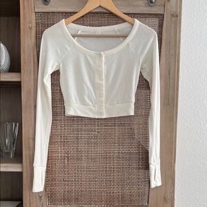 Cream Ribbed Cropped Long Sleeve Button-Up Women Top XS